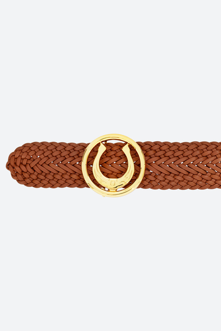 Women's Lucky Belt in Cognac, Polished Gold-toned Horseshoe Buckle