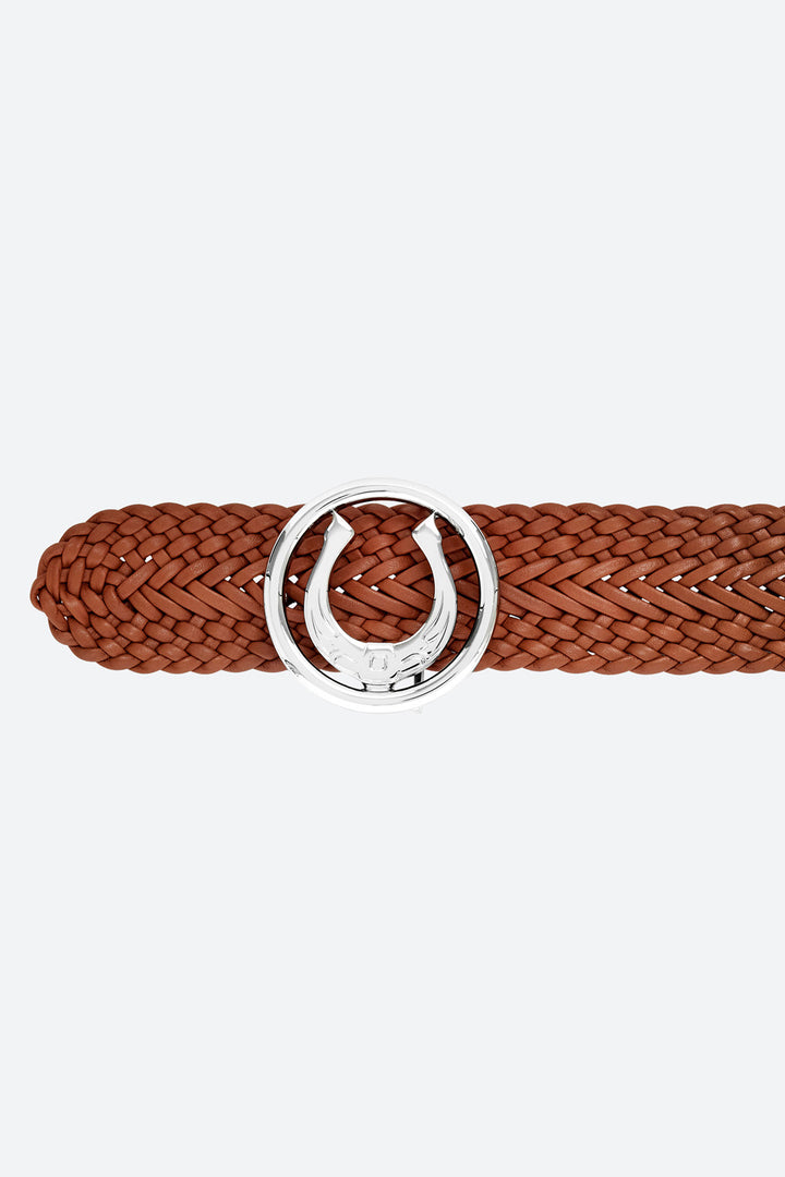 Women's Lucky Belt in Cognac, Polished Silver Horseshoe Buckle