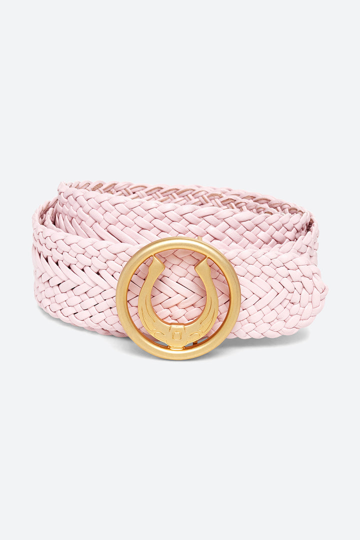 Women's Lucky Belt in Peony Pink, Brass Horseshoe Buckle
