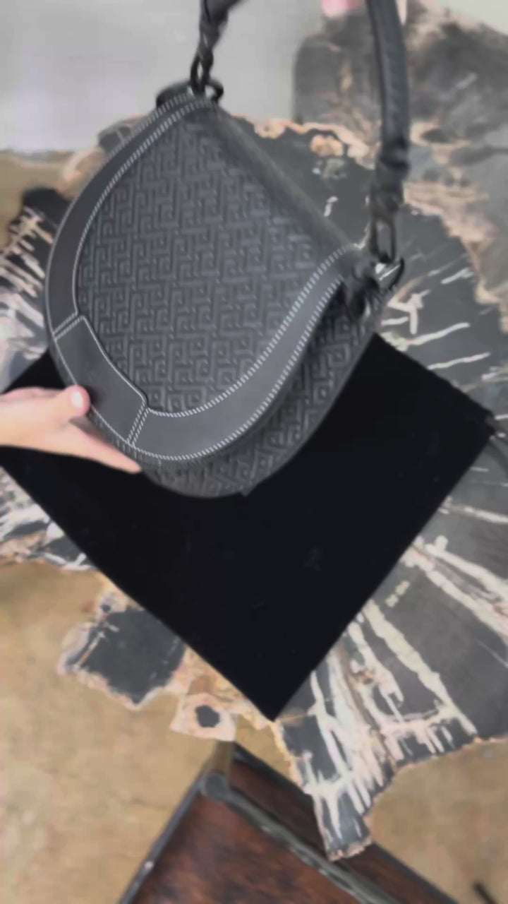 The Lucky Bag, Embossed Leather Saddle Bag in Black