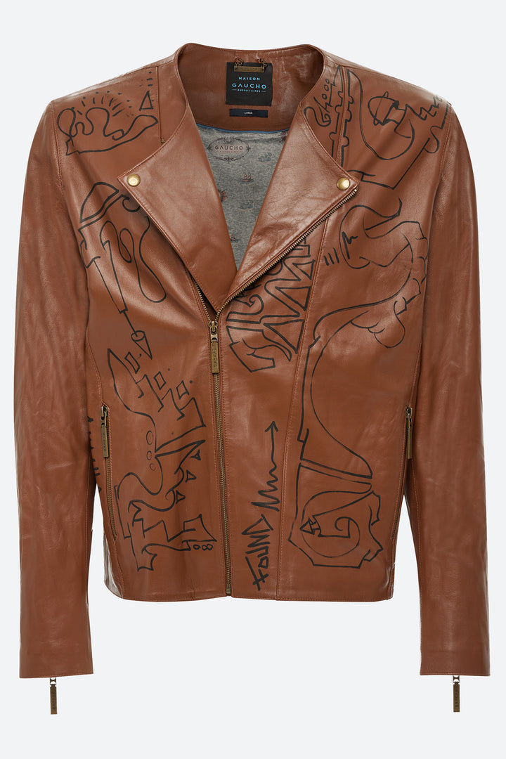 Art Basel Inspired Flavio Leather Biker Jacket in Brown
