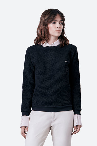 Woman wearing the Laprida Gaucho Pattern Sweatshirt in Black