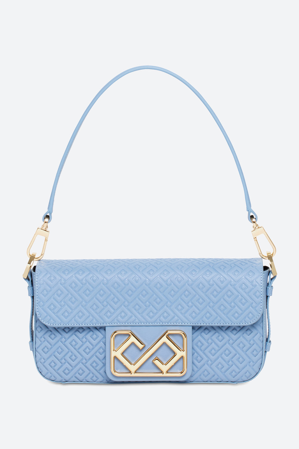 Malvina Baguette Handbag in Light Blue with Polished Gold toned Hardw Gaucho Buenos Aires