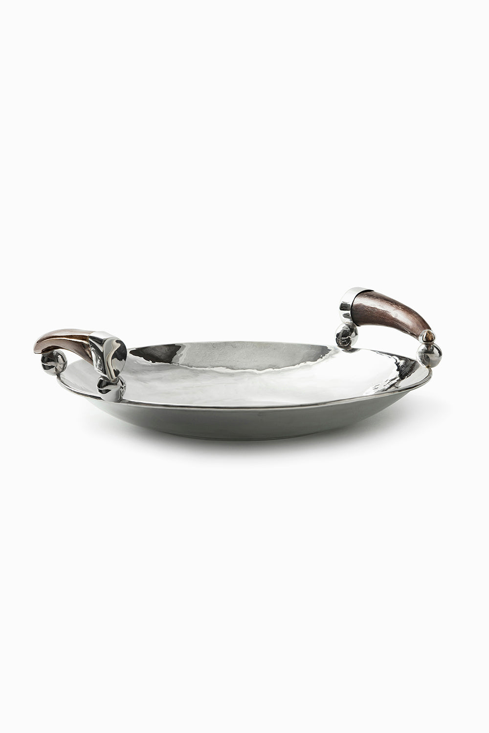 Olivos Round Tray, Brown Horn, Polished Silver