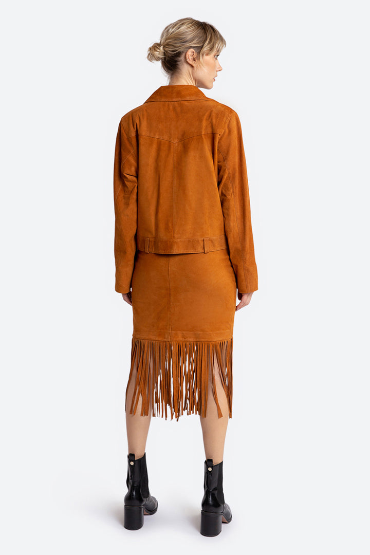Antonia Suede Fringed Skirt in Tan
