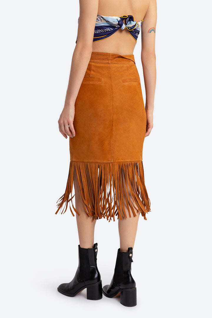 Antonia Suede Fringed Skirt in Tan