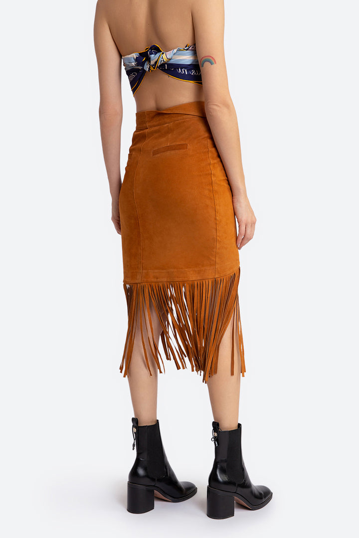 Antonia Suede Fringed Skirt in Tan