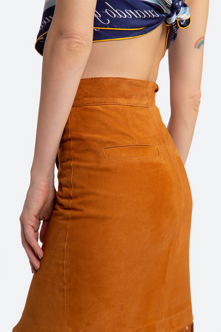 Antonia Suede Fringed Skirt in Tan