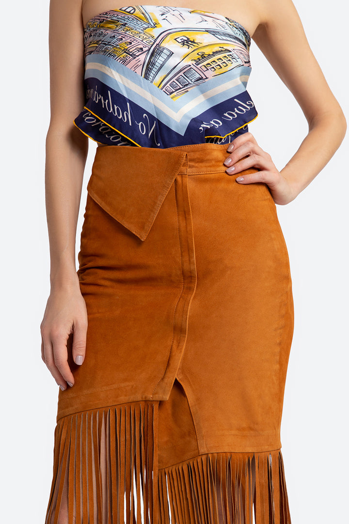 Antonia Suede Fringed Skirt in Tan
