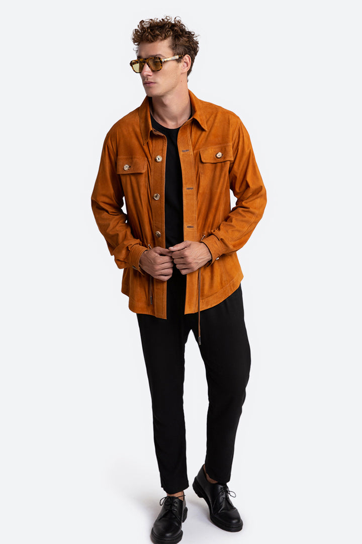 Sandro Suede Overshirt in Cognac