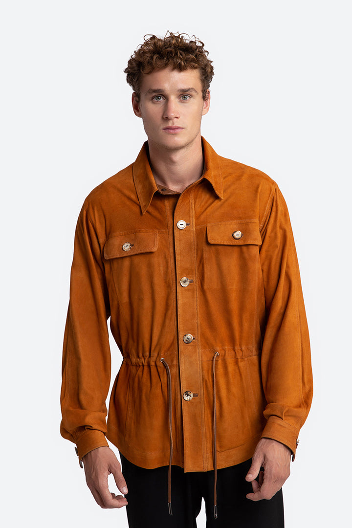 Sandro Suede Overshirt in Cognac