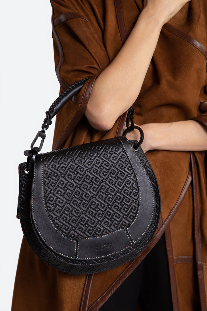 The Lucky Bag, Embossed Leather Saddle Bag in Black