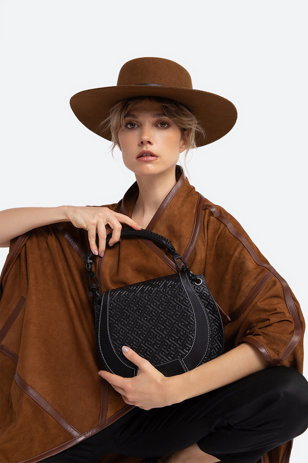 The Lucky Bag, Embossed Leather Saddle Bag in Black