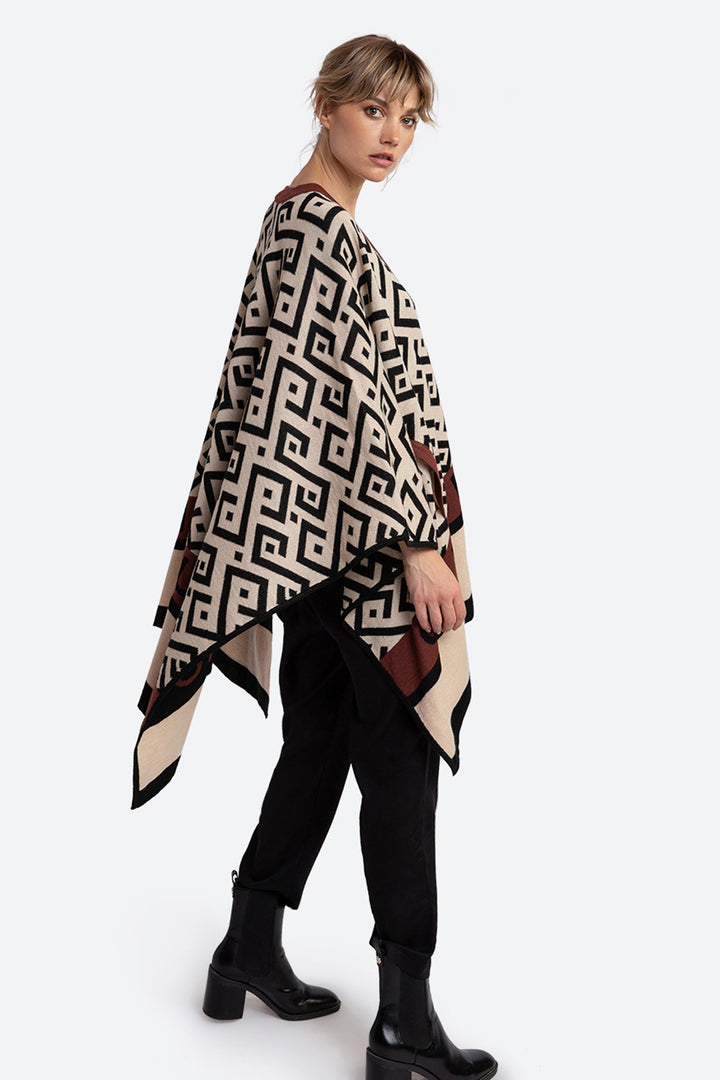 Women's Logomania Unisex Alpaca Blend Ruana in Beige, Black and Terracotta