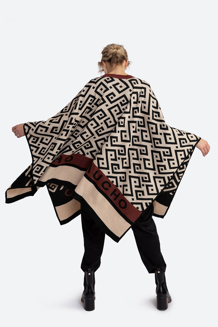 Women's Logomania Unisex Alpaca Blend Ruana in Beige, Black and Terracotta