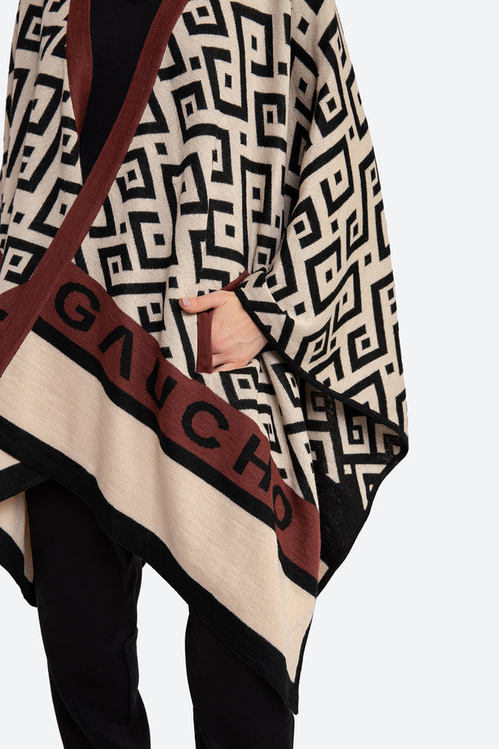 Women's Logomania Unisex Alpaca Blend Ruana in Beige, Black and Terracotta