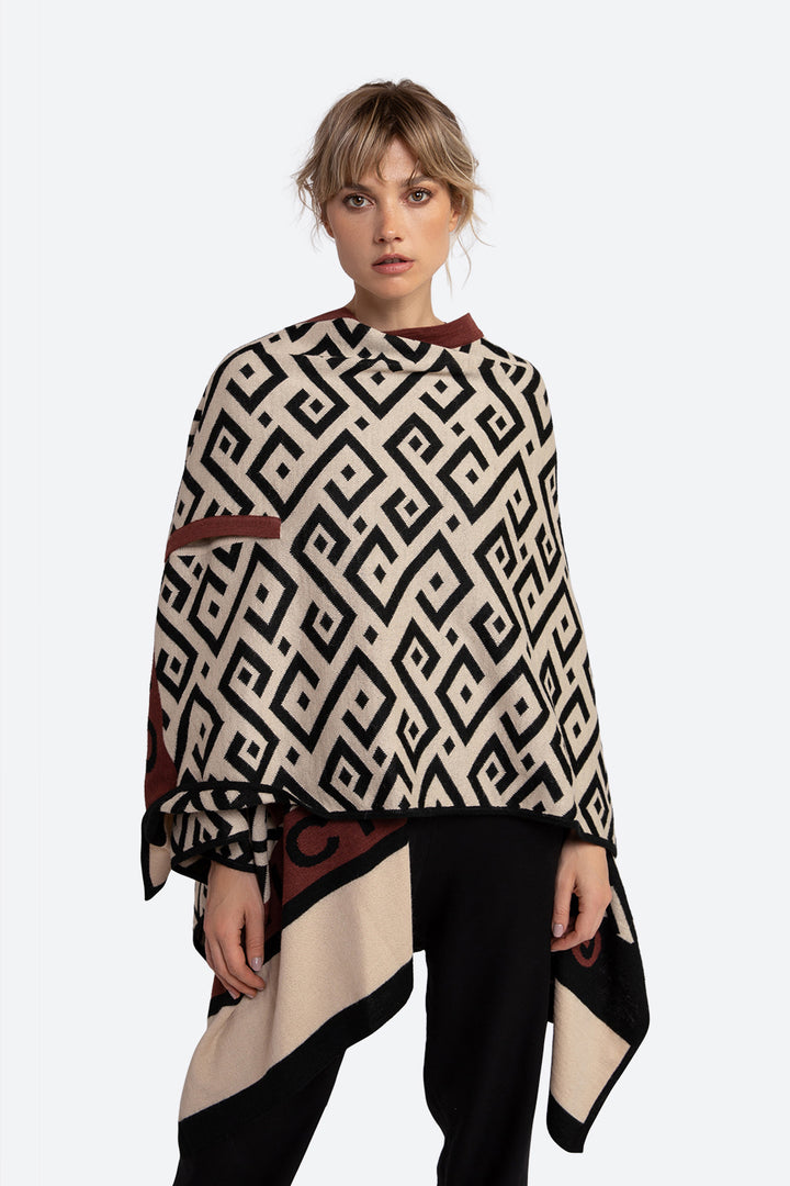 Women's Logomania Unisex Alpaca Blend Ruana in Beige, Black and Terracotta