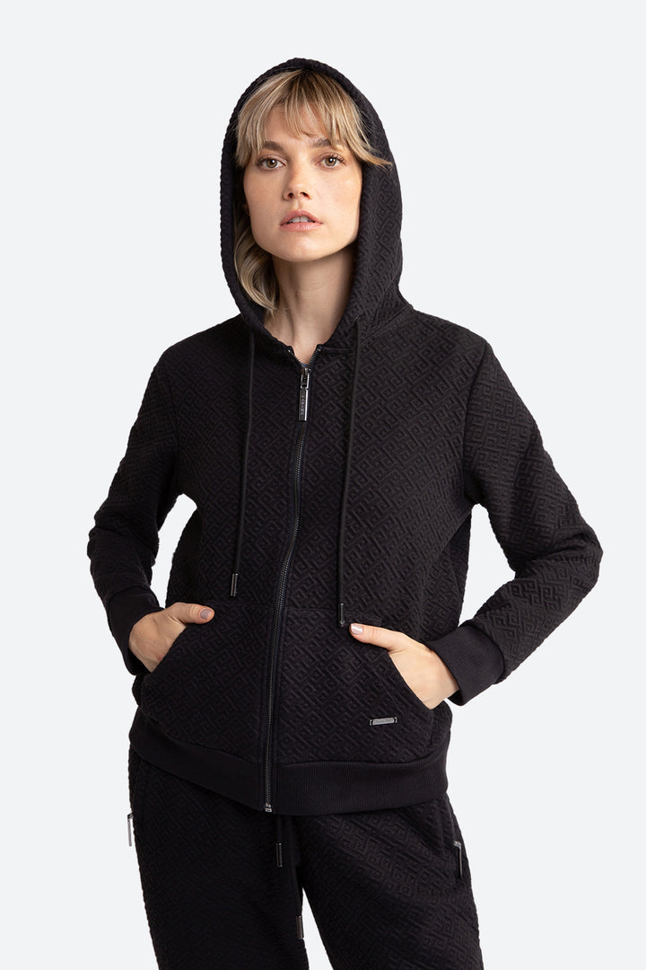 Women wearing Alsina Gaucho Pattern Zip Hoodie in Black