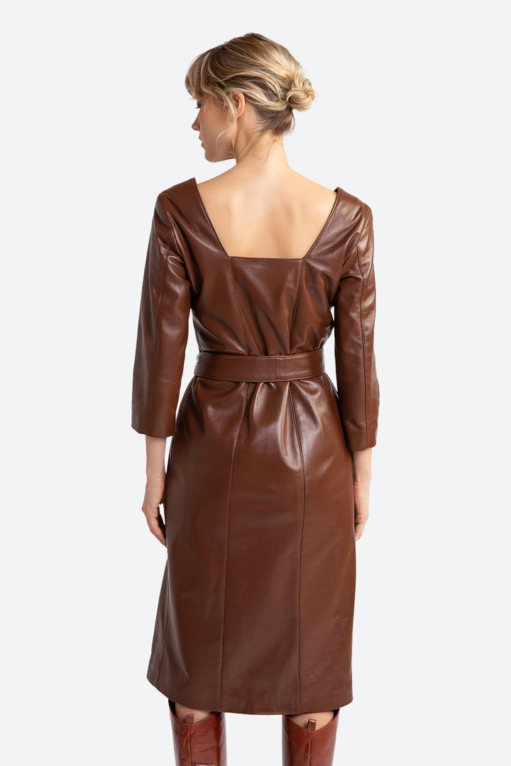 Mabel Belted Leather Midi Dress in Chocolate