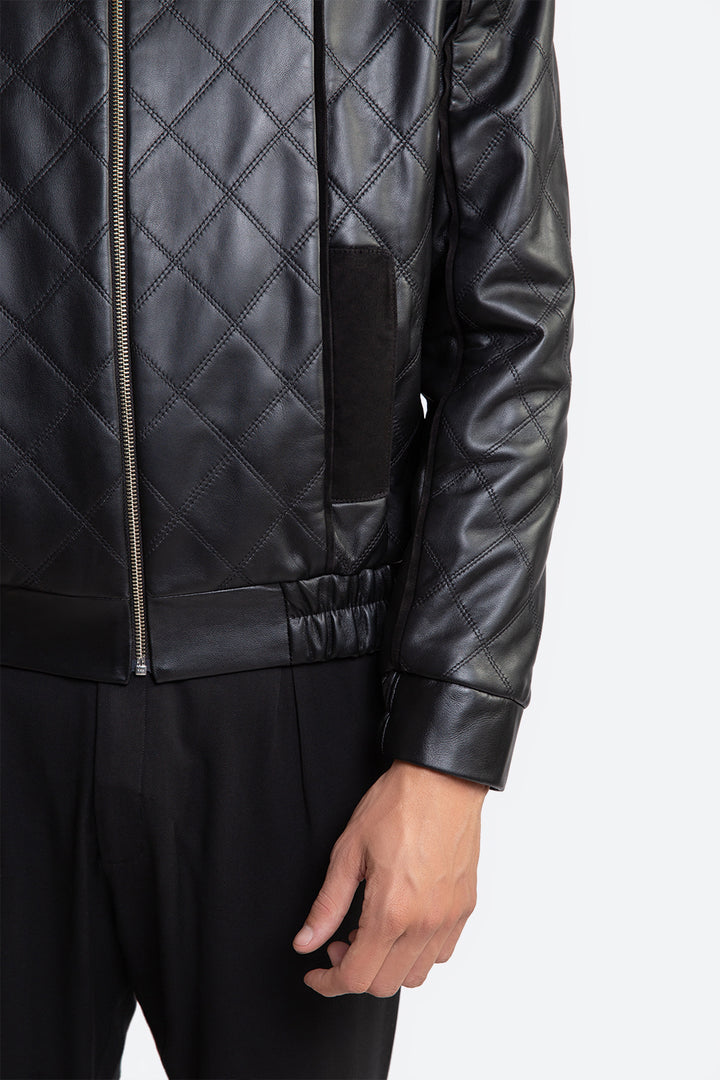 Saturnino Quilted Sheepskin Bomber Jacket in Black