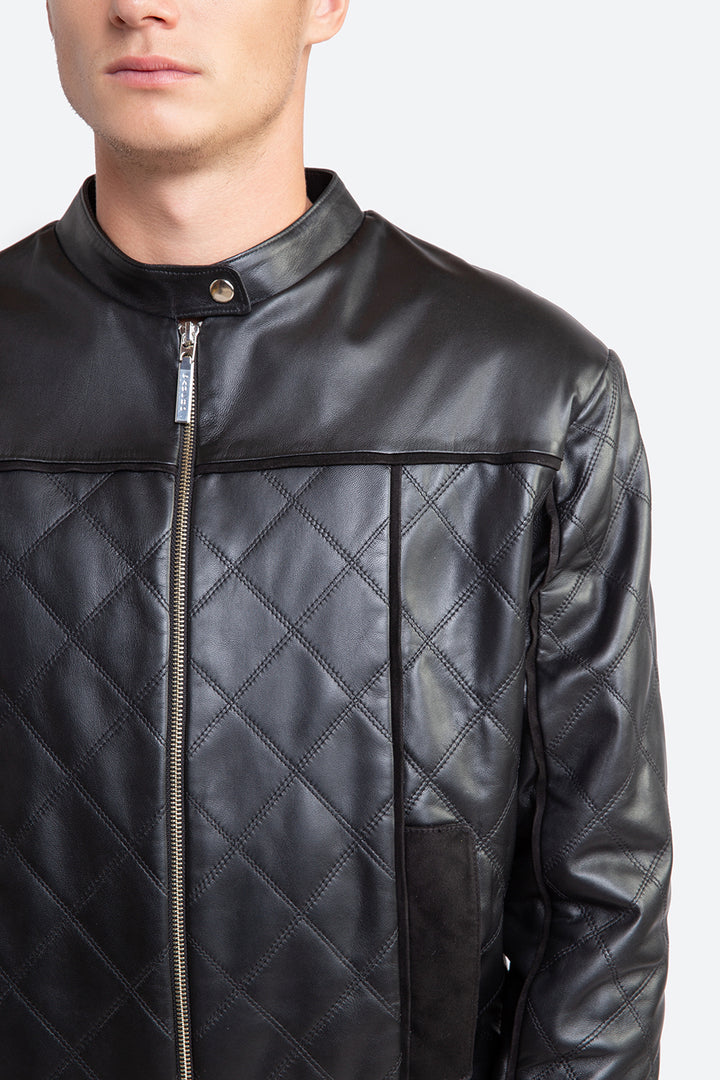 Saturnino Quilted Sheepskin Bomber Jacket in Black