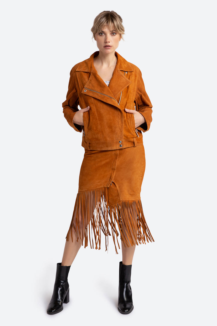 Antonia Suede Fringed Skirt in Tan