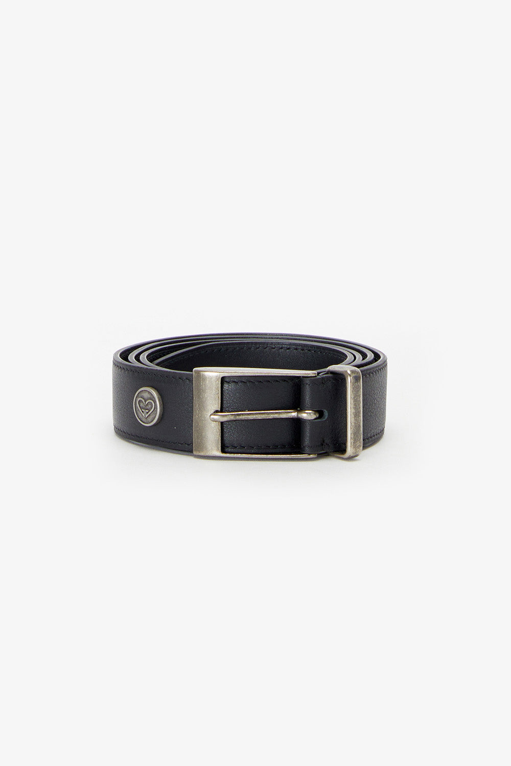 Black leather belt with a silver buckle on a white background
