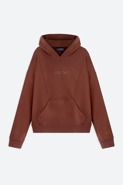 Brown hoodie with 'Gaucho' branding on a white background