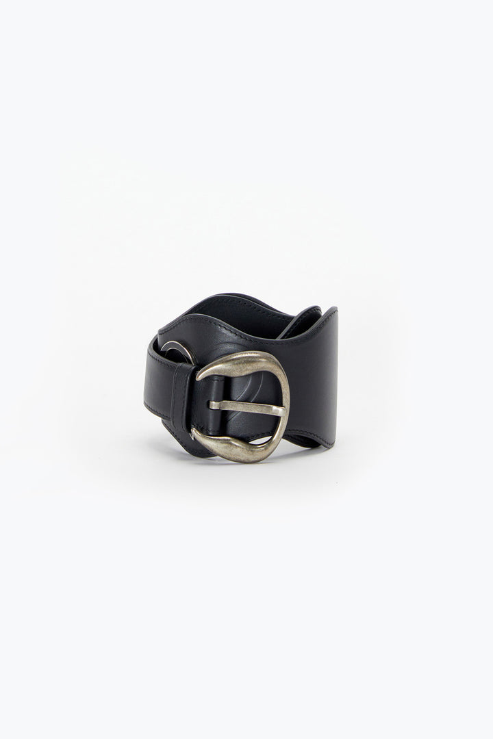Black leather belt with a silver buckle on a white background