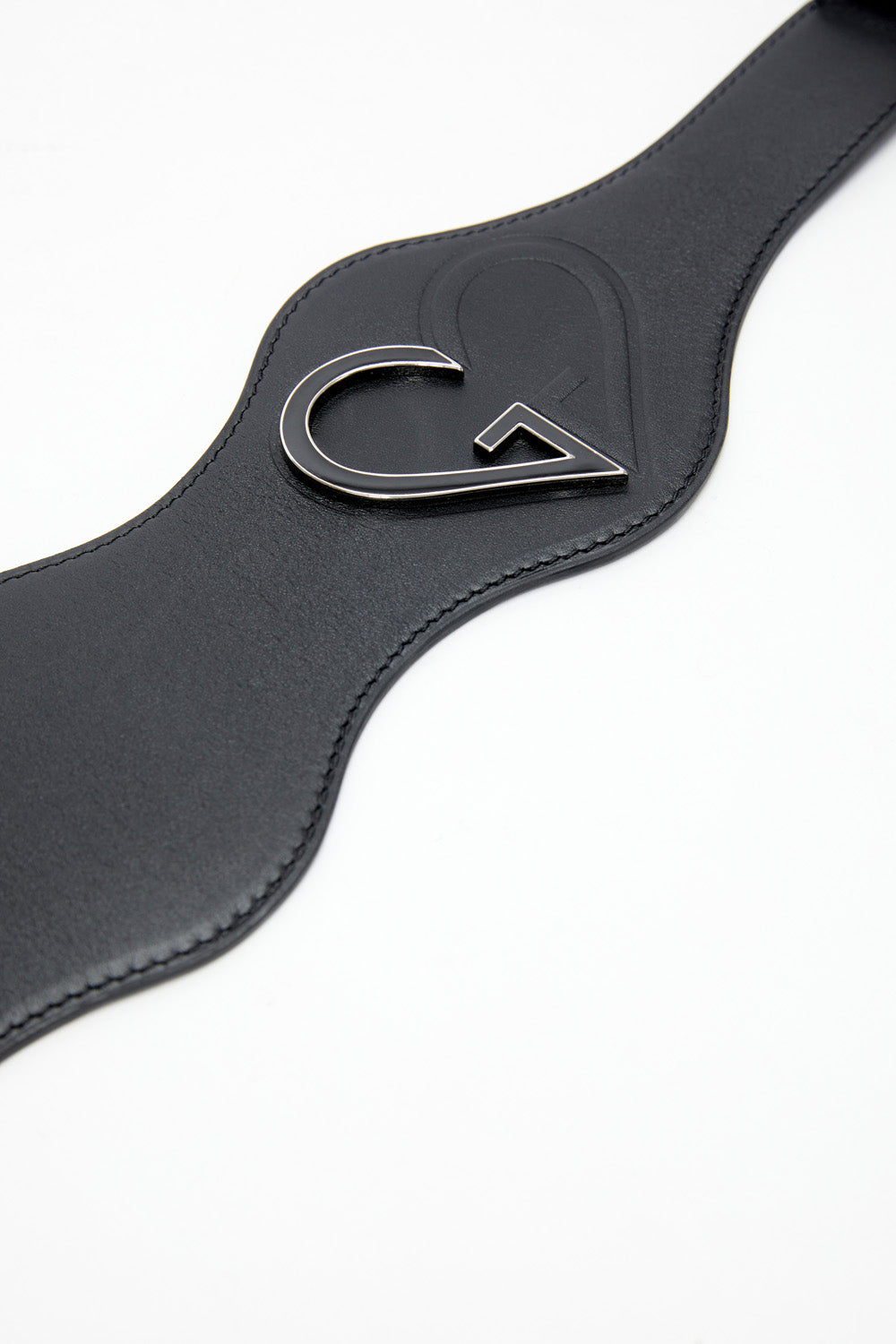 Black leather belt with a silver logo on a white background