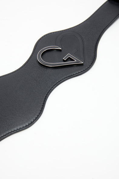 Black leather belt with a silver logo on a white background