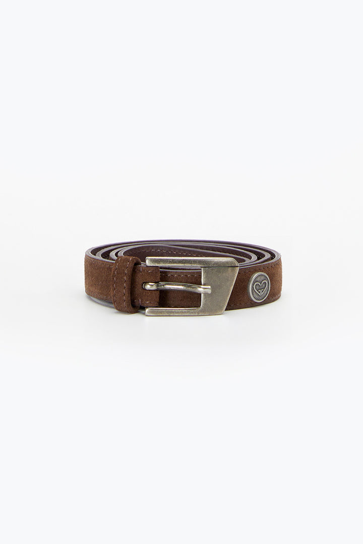 Brown belt with a silver buckle on a white background