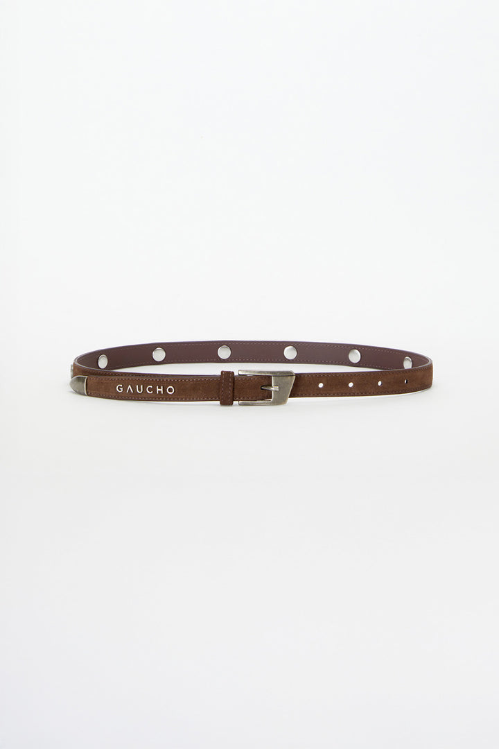 Brown belt with white polka dots on a white background