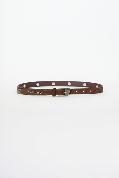 Brown belt with white polka dots on a white background