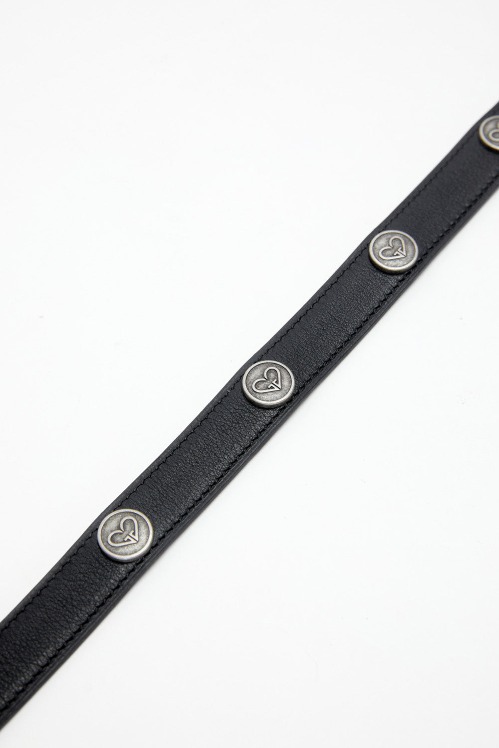 Black leather belt with silver buttons on a white background