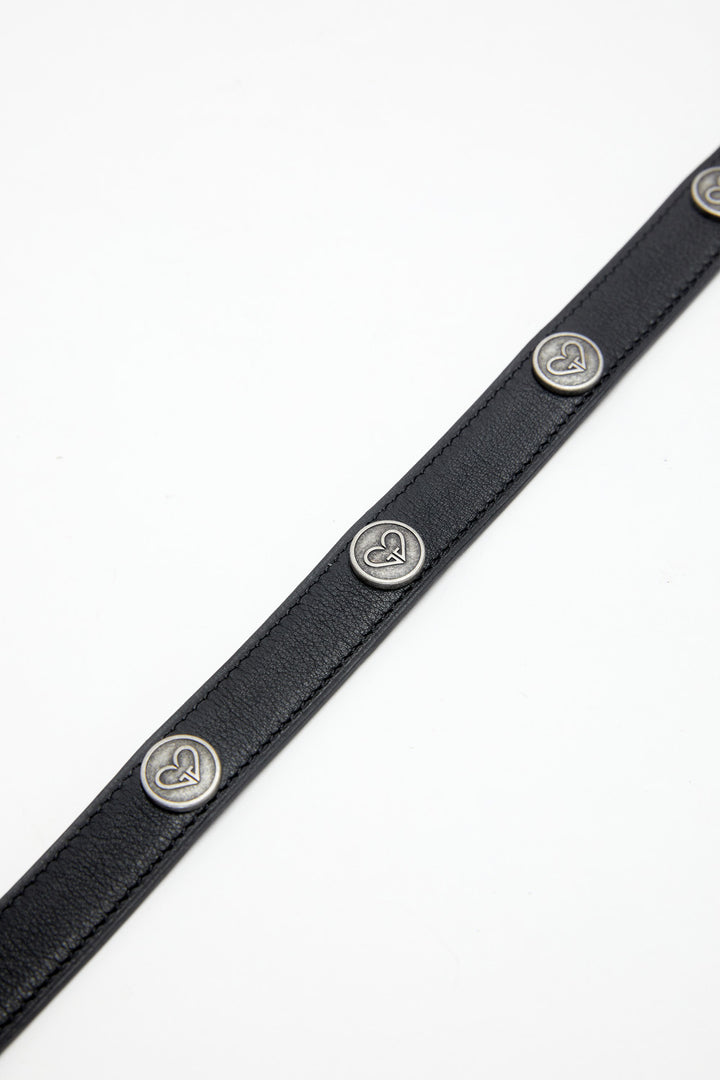 Black leather belt with silver buttons on a white background