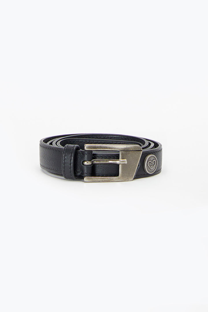 Black leather belt with a silver buckle on a white background