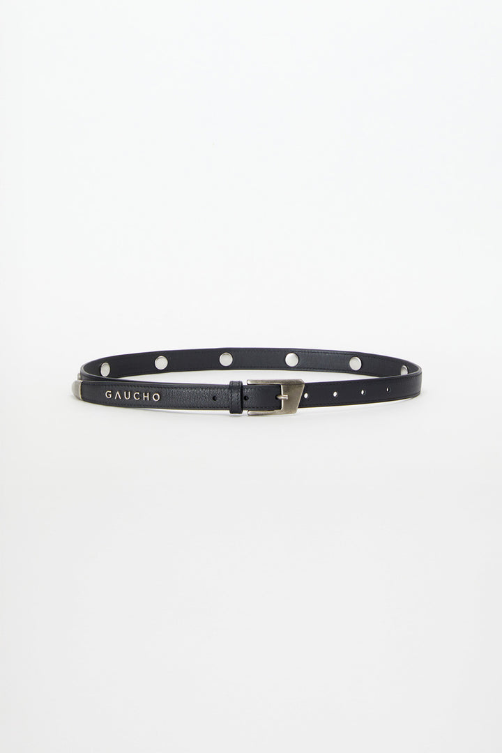 Black belt with silver buckle on a white background