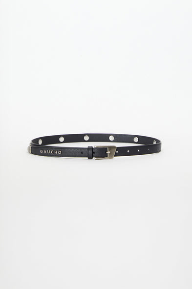 Black belt with silver buckle on a white background