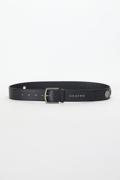 Black belt with silver buckle on a white background