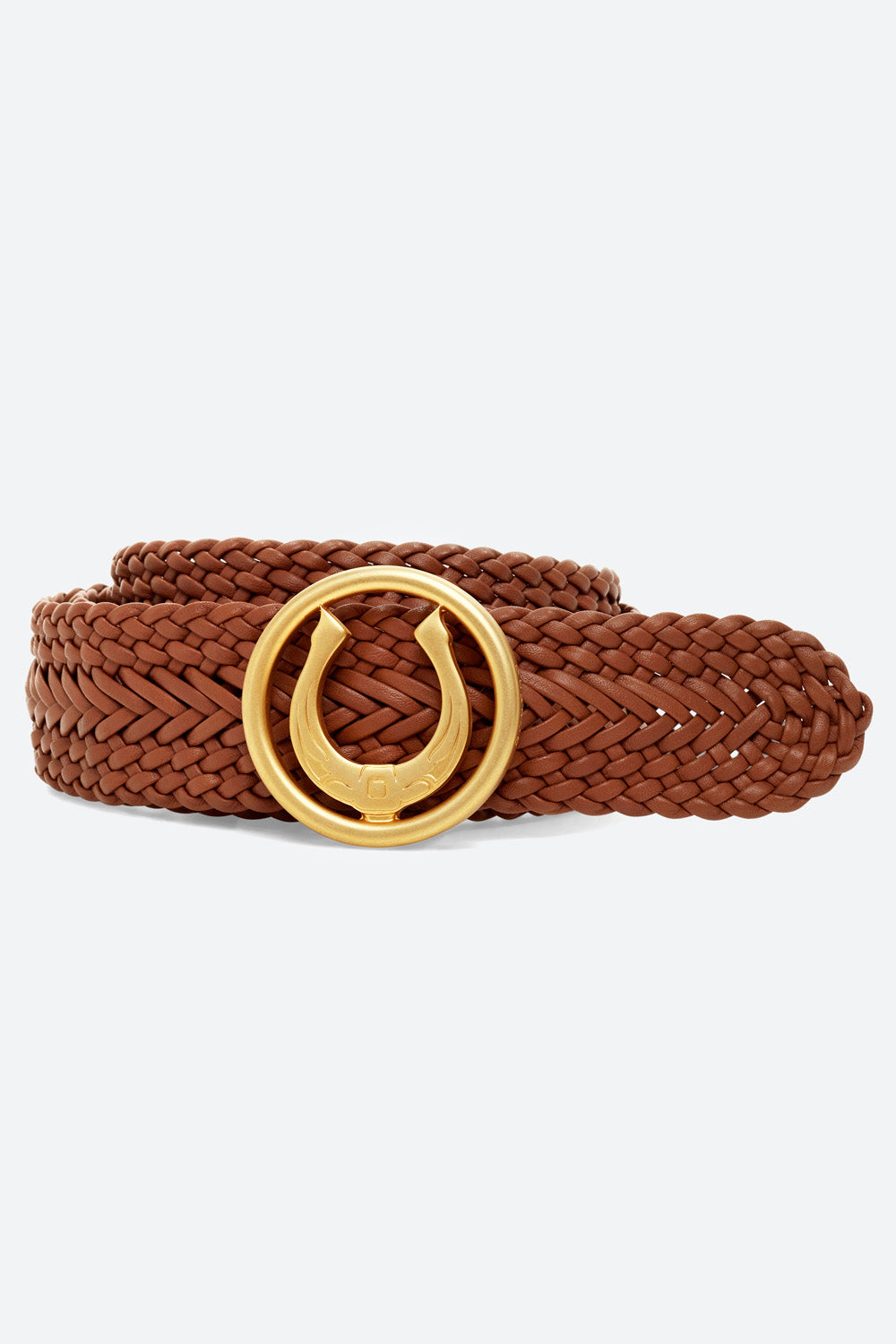 Women's Lucky Belt in Cognac, Brass Horseshoe Buckle