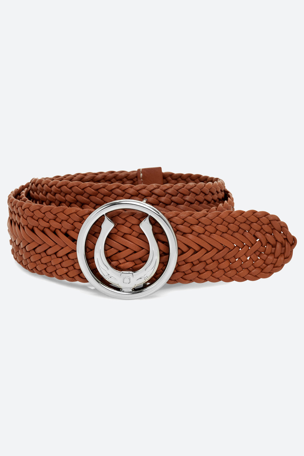 Women's Lucky Belt in Cognac, Polished Silver Horseshoe Buckle