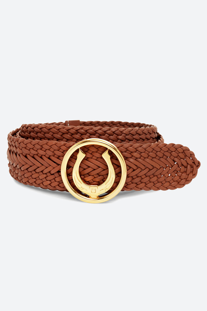 Women's Lucky Belt in Cognac, Polished Gold-toned Horseshoe Buckle