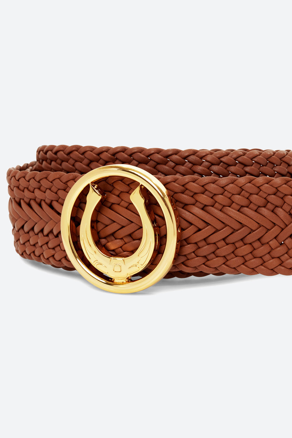 Women's Lucky Belt in Cognac, Polished Gold-toned Horseshoe Buckle