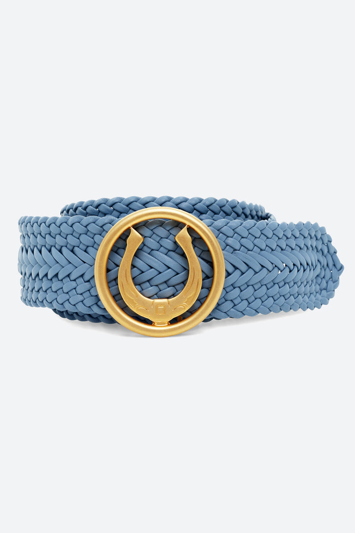 Women's Lucky Belt in Baby Blue, Brass Horseshoe Buckle