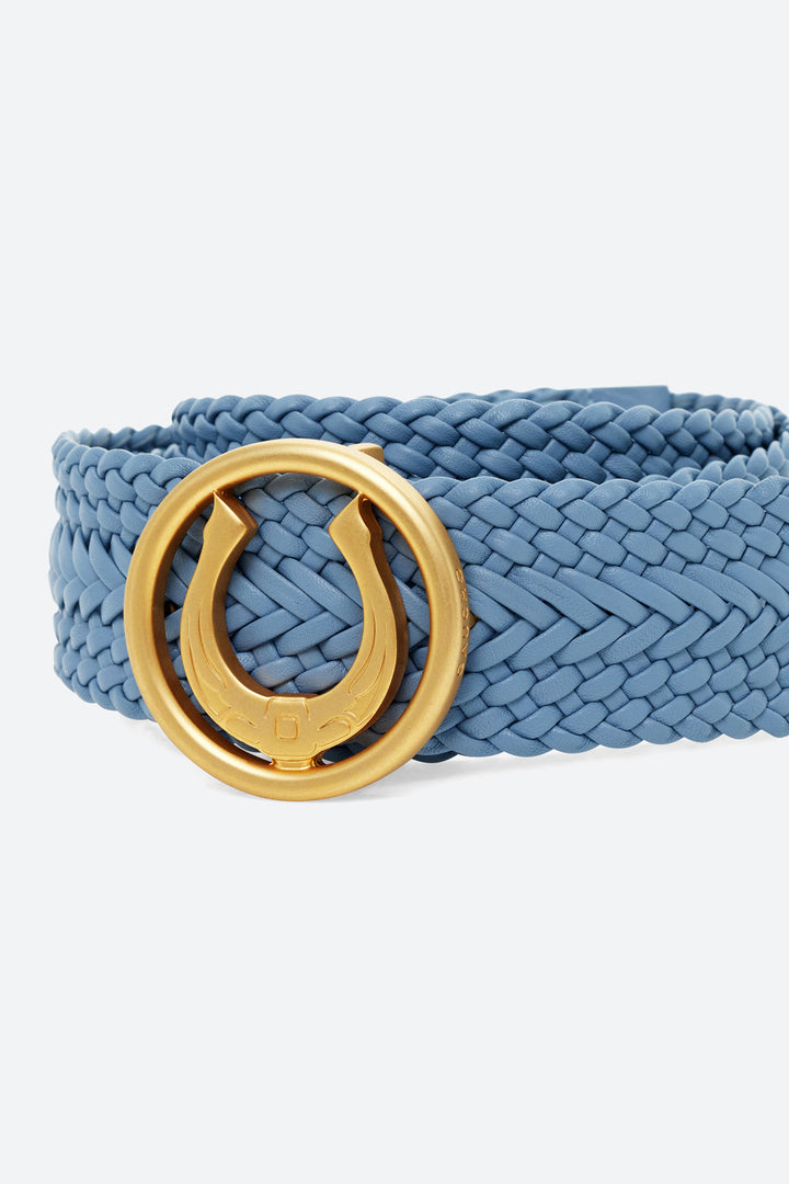 Women's Lucky Belt in Baby Blue, Brass Horseshoe Buckle