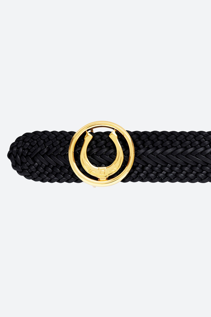 Women's Lucky Belt in Black, Polished Gold-toned Horseshoe Buckle