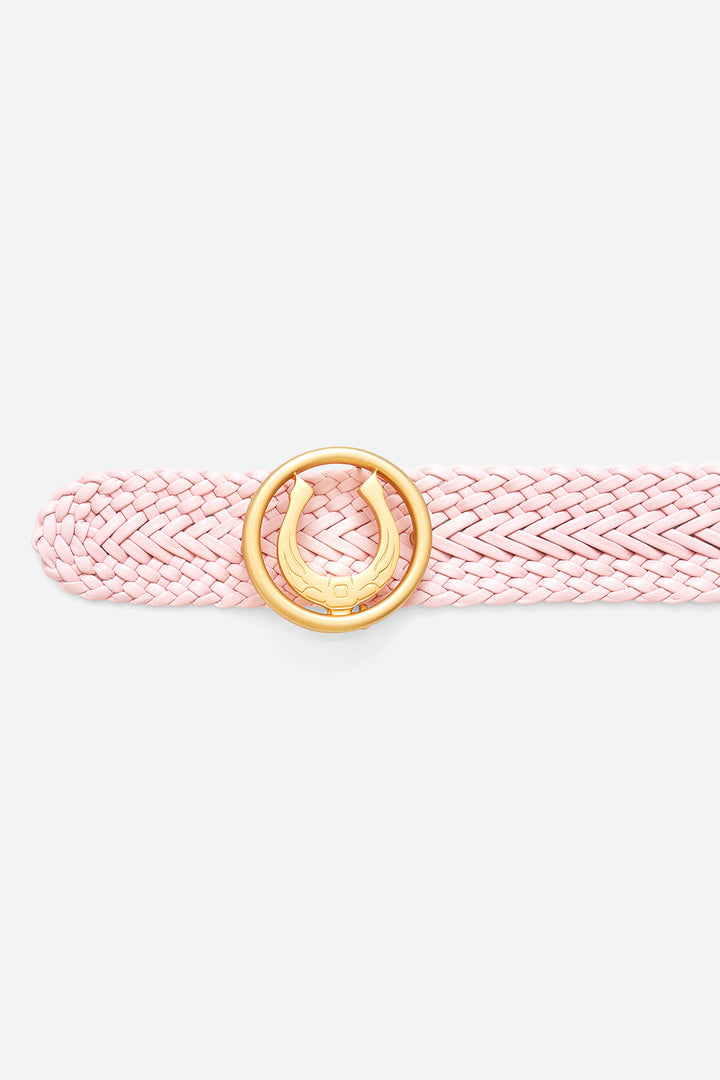 Women's Lucky Belt in Peony Pink, Brass Horseshoe Buckle