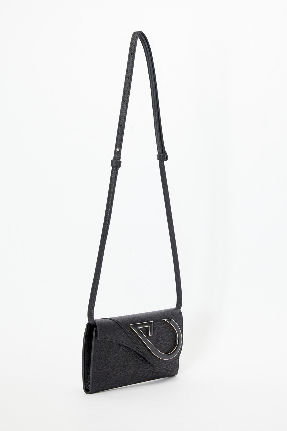 Black handbag with a strap on a white background