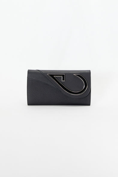 Black clutch bag with a unique design on a white background